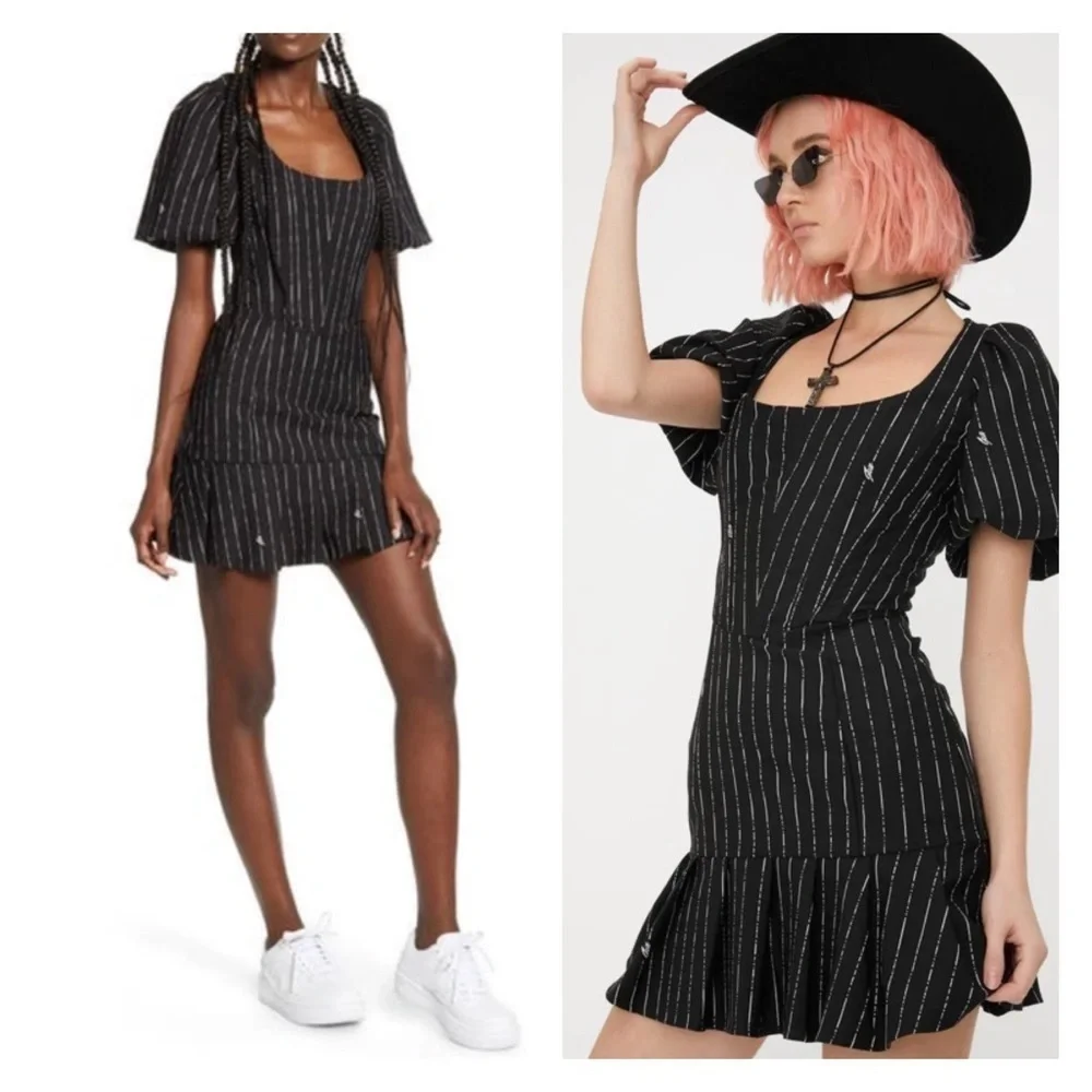 I.AM.GIA Chelsey Black Pinstripe Puff Sleeve Mini Dress Corset Small NWT - Picture 11 of 14